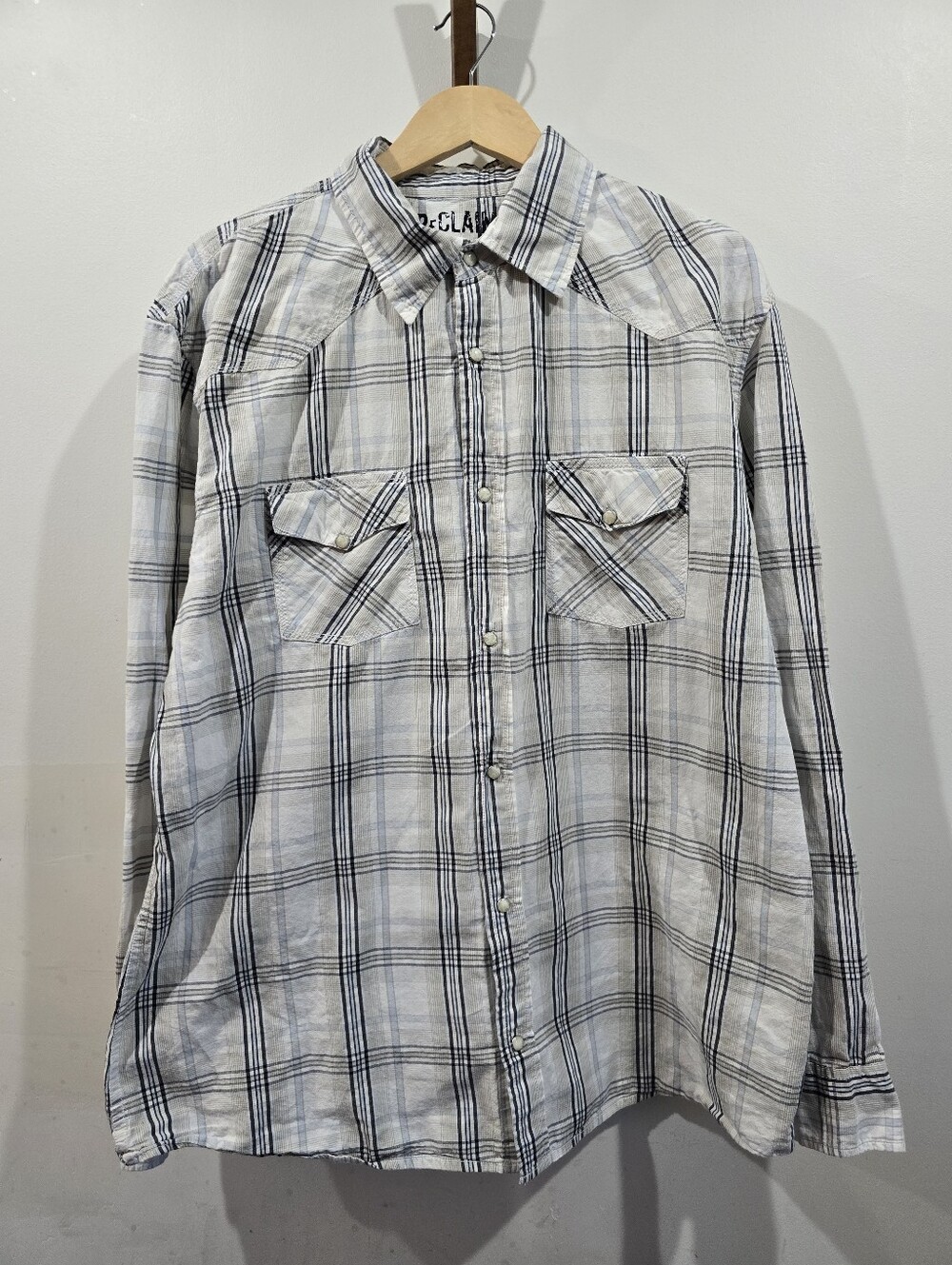 Reclaim Mens XXL Plaid Pearl Snap Western Shirt Blue White 100% Cotton